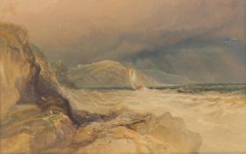 Attributed to SAMUEL PHILLIPS JACKSON. Shipping off a rocky coast in a squall, watercolour and