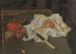 GEORGE WEISSBORT (1928 - 2013). Still Life. Onions and a knife on a white cloth. Unframed, board.