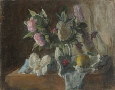 GEORGE WEISSBORT (1928 - 2013). Still Life. Roses and fruit. Unframed, canvas on board. 14