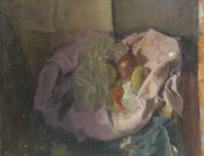 GEORGE WEISSBORT (1928 - 2013). Still Life. Onion and chillis on a pink cloth. Unframed, canvas on