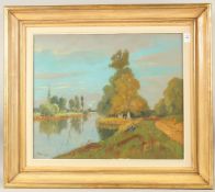 20TH CENTURY FRENCH SCHOOL. A pathway beside a river with figures and trees, oil on canvas.