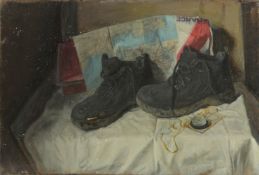 GEORGE WEISSBORT (1928 - 2013). A pair of boots and a map of France on a white cloth. Unframed,