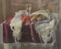 GEORGE WEISSBORT (1928 - 2013). Still Life. A silver chalice, scrolls and a shawl. Unframed,