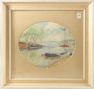 FRENCH SCHOOL, 20TH CENTURY. A man fishing, boats and arched bridge on the Seine. Oval 10