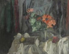 GEORGE WEISSBORT (1928 - 2013). Still Life. Flowers in a tankard, apple, book on a white cloth.