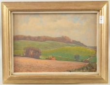 R. M. HUGHES. Combine harvester in the field, oil on board. Monogrammed R. M. H. 9.5