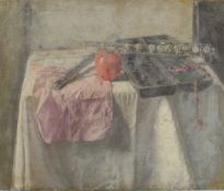 GEORGE WEISSBORT (1928 - 2013). Still Life. A flute and apple on a white cloth. Oil on board,