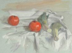 GEORGE WEISSBORT (1928 - 2013). Tomatoes and leeks on a cloth. Watercolour, unframed. 5.5