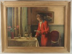 GEORGE WEISSBORT (1928 - 2013). Interior. A lady at a table with a tea kettle, mug and tray of