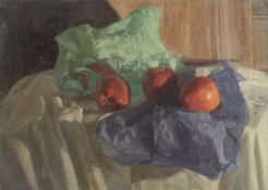 GEORGE WEISSBORT (1928 - 2013). Still Life. Fruit on a blue cloth. Unframed, canvas on board. 13