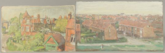 GEORGE WEISSBORT (1928 - 2013). Overlooking the roof tops. Two oils on board, unframed. 8.5