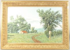 MICHAEL WOOD. Landscape, a man standing by a stile, cottage and trees. Signed, oil on canvas. 20