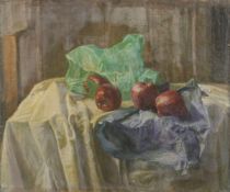 GEORGE WEISSBORT (1928 - 2013). Still Life. Apples on a blue cloth. Unframed, canvas on board. 18