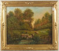 19TH CENTURY ENGLISH SCHOOL. CATTLE AT A POND, sheep in the meadow. 18