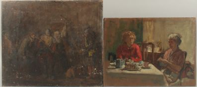 GEORGE WEISSBORT (1928 - 2013). Interior. Two women at a table, one knitting. Unframed, board. 12