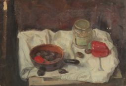GEORGE WEISSBORT (1928 - 2013). Still Life. A pan of seafood, a jar and a pepper on a white cloth.