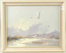 C. HOWARD DEVONALD (b. 1944). Swans flying over water with hills beyond, oil on canvas. Signed,