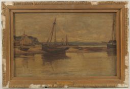 Manner of Wyllie, boats moored in an estuary at low tide, oil on canvas, bears signature, 12
