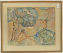 L. REENS. Art Deco study of Pan piping to a nude lady, watercolour. Signed and dated 1935. Cape Town