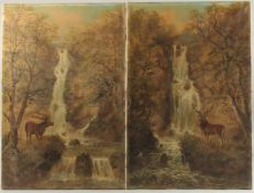 J. Lewis, early 20th Century, a pair of unframed oil on canvas scenes of a stag standing by a