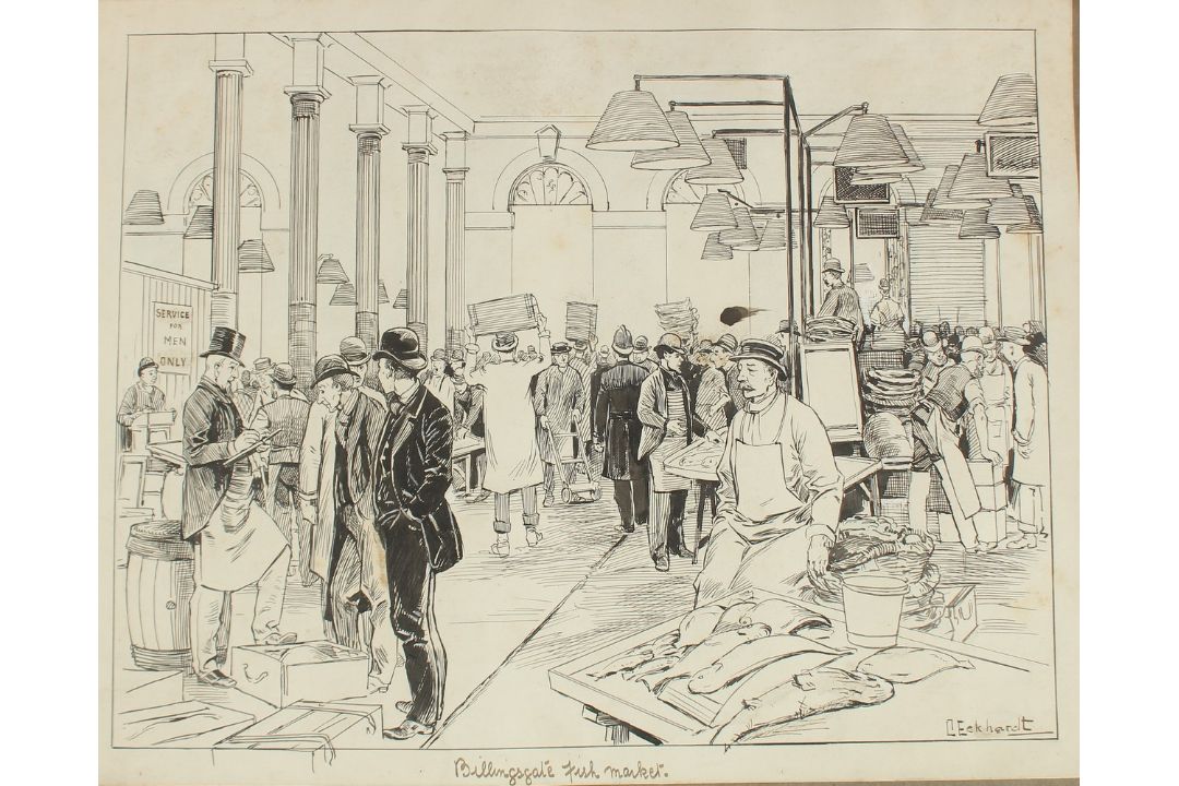 C Eckhardt (19th-20th Century) European. "Billingsgate Fish Market", Ink, Signed and inscribed, - Image 1 of 2