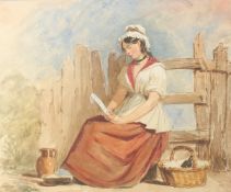 Attributed to John Absolon, a country girl seated on a stile reading a letter, watercolour, 11.5