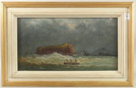 19TH CENTURY ENGLISH SCHOOL. Abstract oil, three men in a small boat, in a rough sea, oil on canvas.