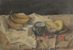 GEORGE WEISSBORT (1928 - 2013). Still Life. A mug, two bunches of bananas on a cloth. Unframed,