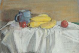GEORGE WEISSBORT (1928 - 2013). Bananas and tomatoes and a blue jug on a white cloth. Watercolour,