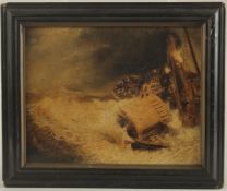 Late 19th Century, figures on a stricken paddle steamer, oil on board, possibly over a print base,