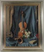 GEORGE WEISSBORT (1928 - 2013). Still Life. A violin, a bow, a trumpet, a book and flowers on a blue