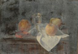 GEORGE WEISSBORT (1928 - 2013). Still Life. A silver chalice and apples on a ledge. Unframed, canvas
