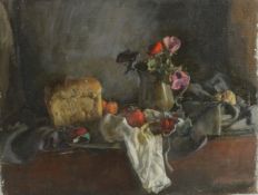 GEORGE WEISSBORT (1928 - 2013). Still Life. A loaf of bread, cream jug and flowers, fruit on a