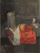 GEORGE WEISSBORT (1928 - 2013). Still Life. A pewter tankard, apple and grapes. Unframed, board. 17