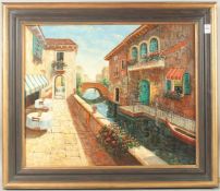 N. M. L. Venetian backwater with terraces, arched bridge and flowers. Monogrammed N. M. L. Oil on