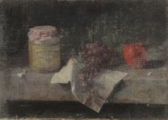 GEORGE WEISSBORT (1928 - 2013). Still life. Grapes and a jar. Unframed, canvas on board. 13
