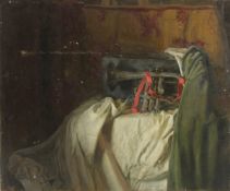 GEORGE WEISSBORT (1928 - 2013). A trumpet and case on a cloth. Oil on board, unframed. 18