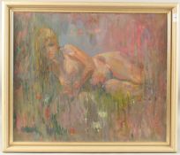 FRANK DOBSON (1888-1963). 'In the Fields', a female nude amongst foliage, oil on board. 20