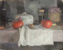 GEORGE WEISSBORT (1928 - 2013). Pomegranate, walnut and butter dish on a shelf. Watercolour,