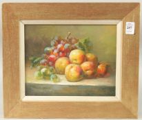 J. HOWARD. Still life of apple and grapes on a ledge, oil on board. Signed. 8