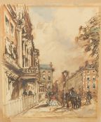 English School, Circa 1865, a busy street scene, possibly in France, ink and wash, signed with