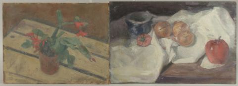 GEORGE WEISSBORT (1928 - 2013). Two still lifes. A plant in a pot and onions, apple and tomato on
