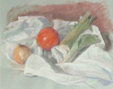 GEORGE WEISSBORT (1928 - 2013). Tomatoes and leeks on a cloth. Watercolour, unframed. 5