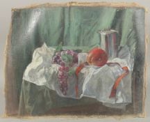 GEORGE WEISSBORT (1928 - 2013). Still Life. A jug , peach and grapes on a white cloth. Canvas,