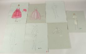 CECIL BEATON (CIRCA 1920). Seven drawings for dresses, on coloured paper, unframed. Signed. 13