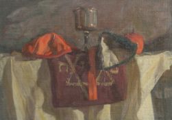GEORGE WEISSBORT (1928 - 2013). Still Life. A Masonic emblem, chalice and fruit. Unframed, canvas on