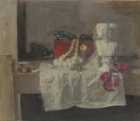 GEORGE WEISSBORT (1928 - 2013). Still Life. A bust, pearls and fruit on a white cloth. Unframed,