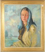 F. W. T. A portrait of a lady, half length, in a landscape setting, oil on canvas. 30