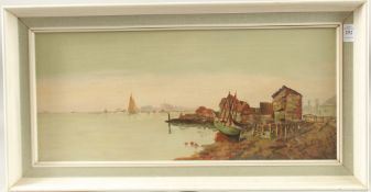 A quiet backwater, ruined buildings, distant town view, oil on canvas. 10