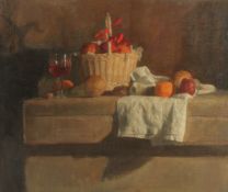 GEORGE WEISSBORT (1928 - 2013). Still Life. A basket of fruit, wine glass and fruit on a ledge.